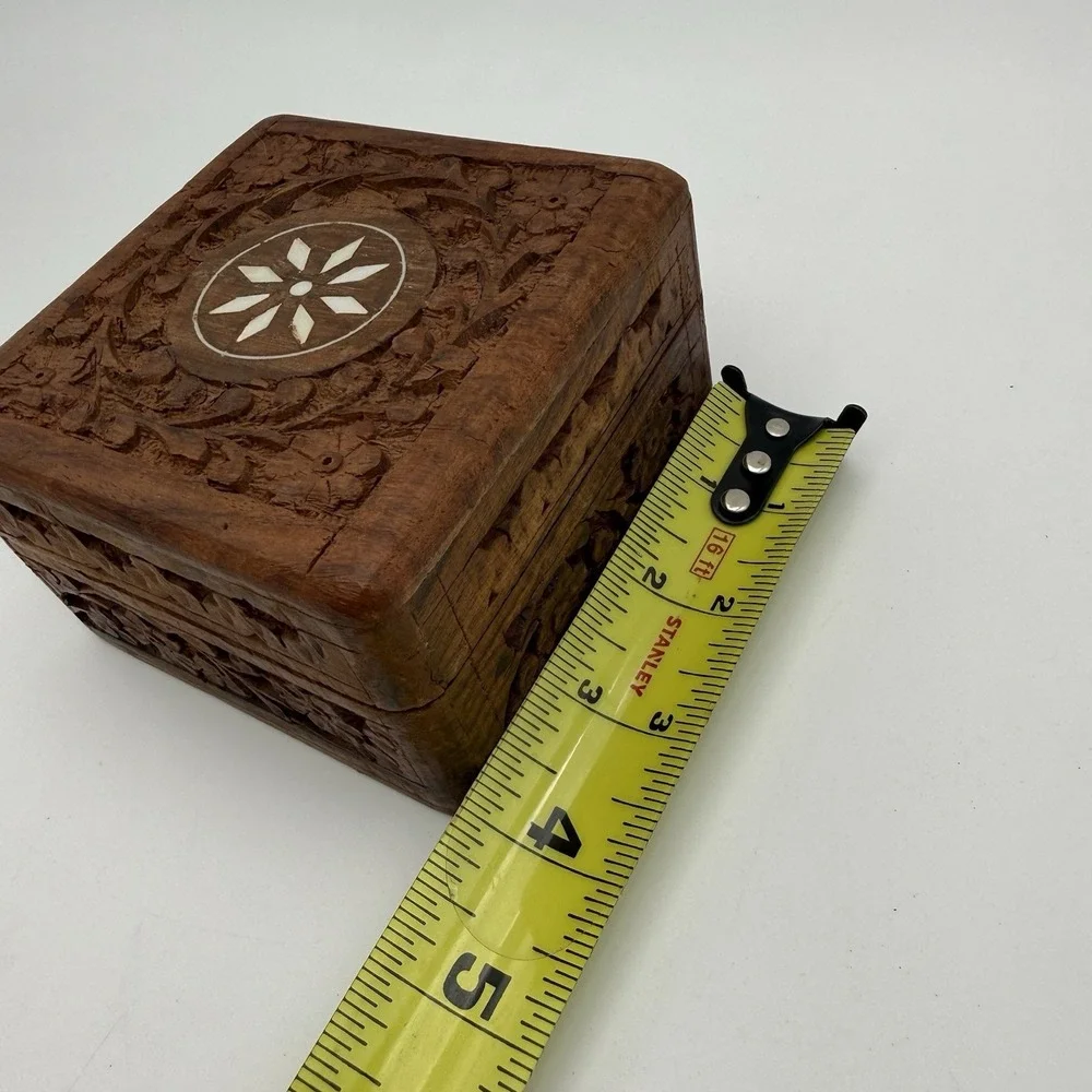 Vintage Wooden Trinket Box Jewelry Hinge Made in India Small Decor 4x4x2.5in